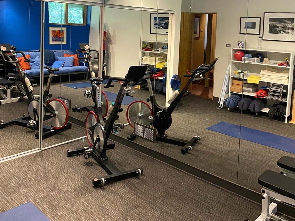 an exercise bike in a home gym